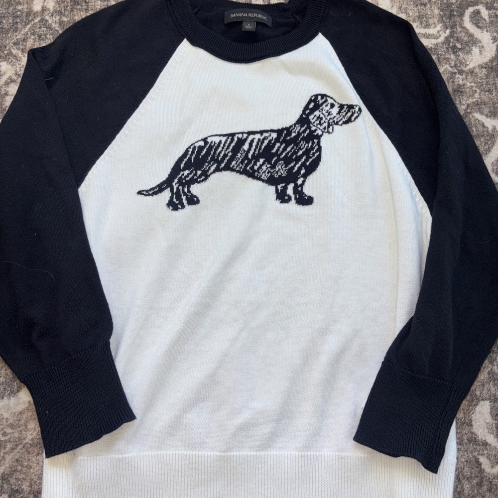 Banana Republic Sweater Womens Small Black White Dachshund Dog Pullover Cozy